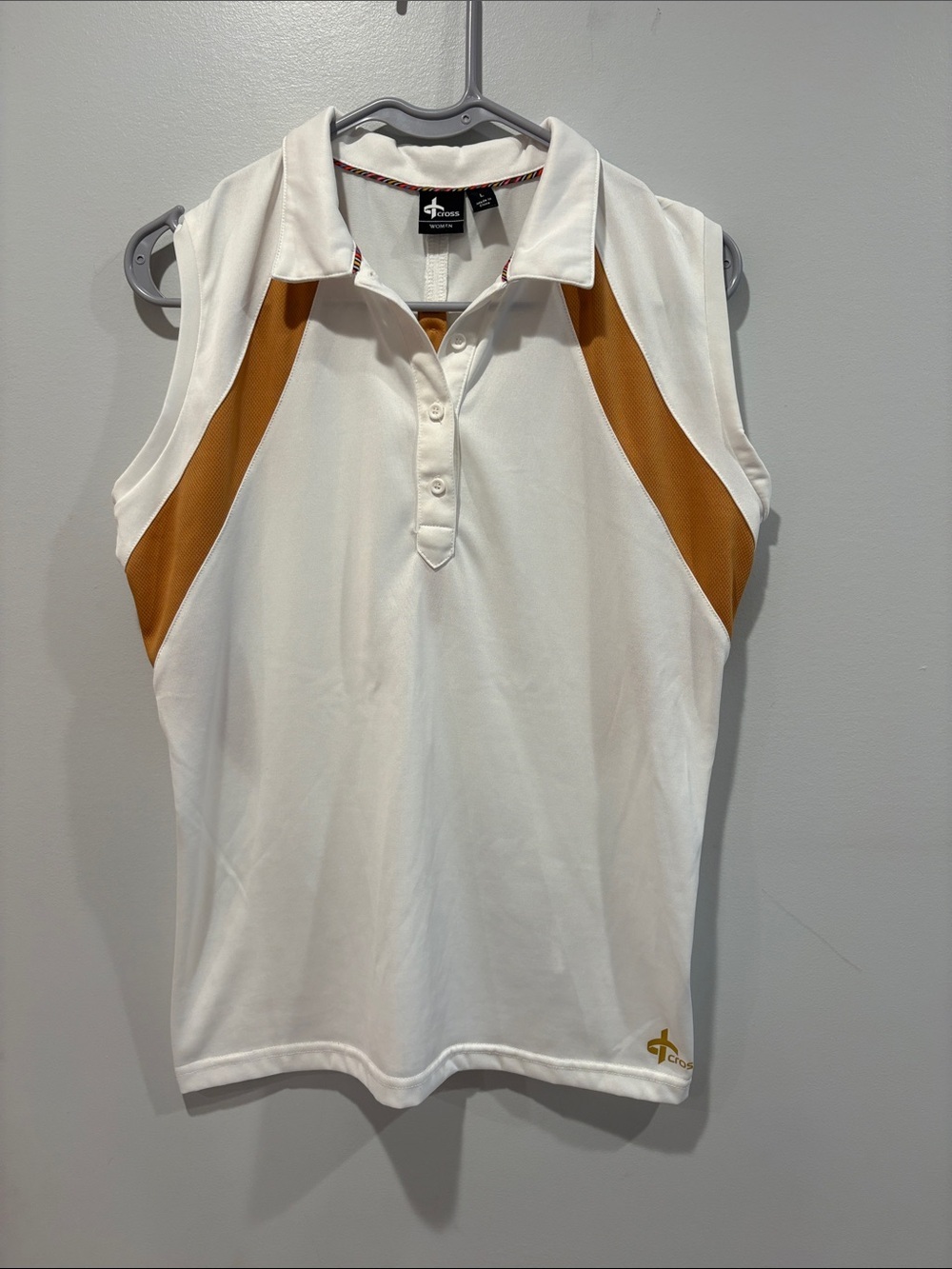 Sleeveless Polo Tank Top - White with Camel Panels ptp 19 length 25